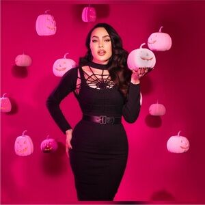 Vixen by Micheline Pitt Knit Black Spiderweb Wiggle 2 Piece Dress -  XS S M